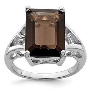 925 Sterling Silver Rhodium 14mm x 10mm Smoky Quartz Ring